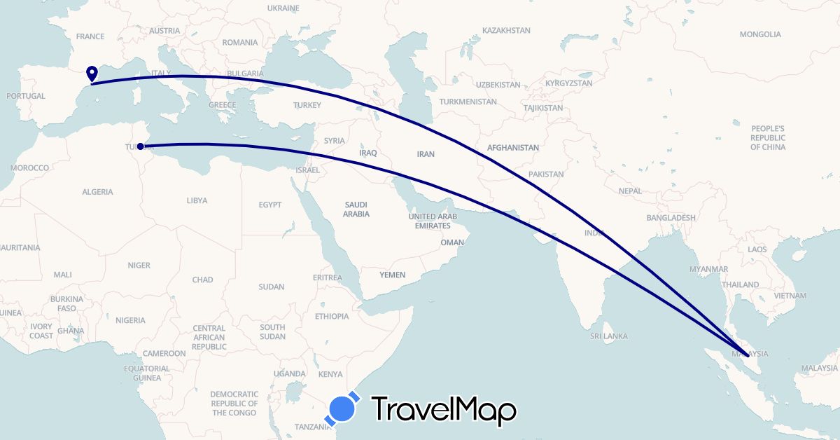 TravelMap itinerary: driving in Spain, Malaysia, Tunisia (Africa, Asia, Europe)